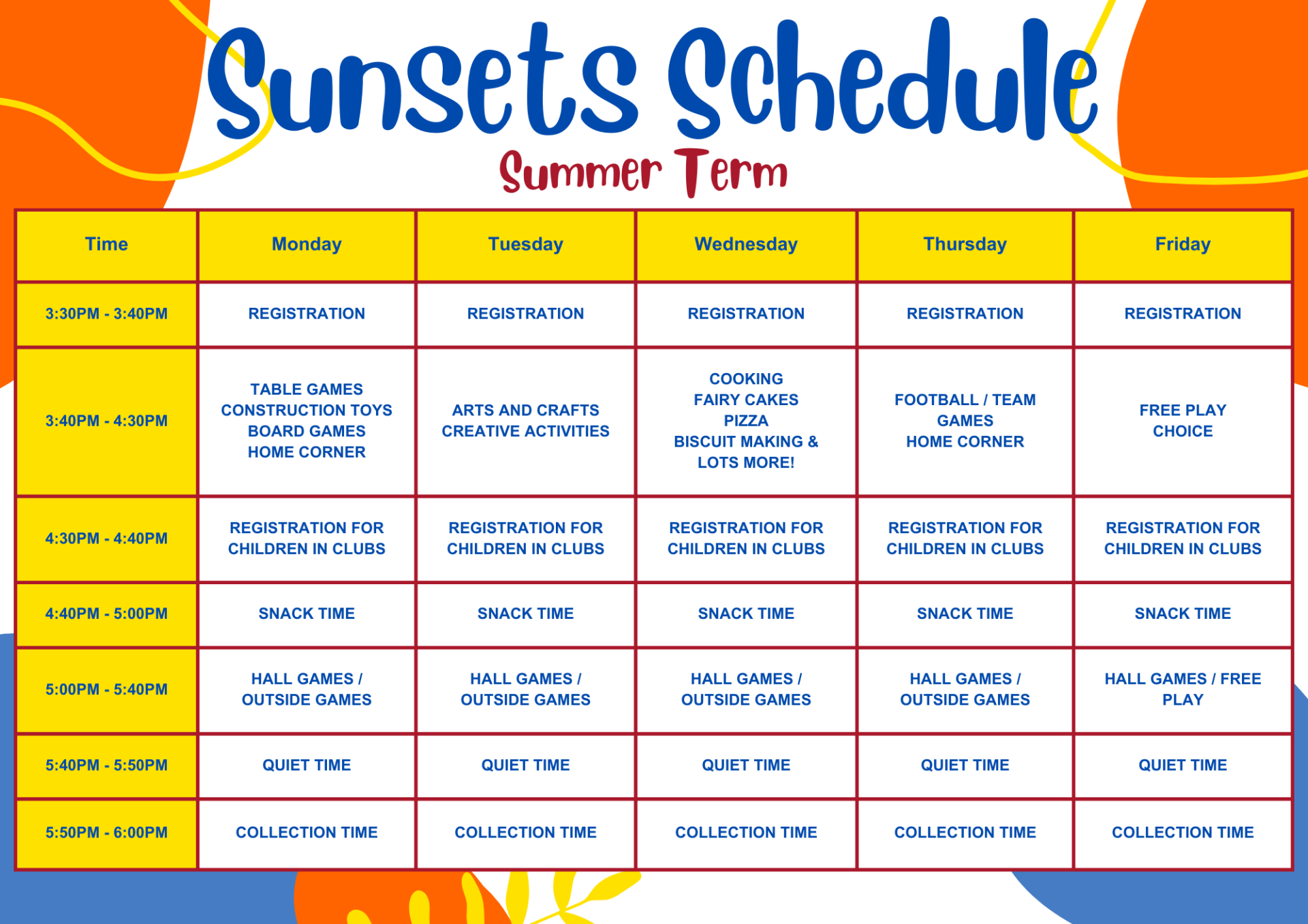 SUNSET TIMETABLE